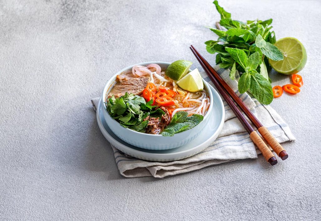 A bowl of bun bo Hue requires many ingredients and a meticulous cooking process.