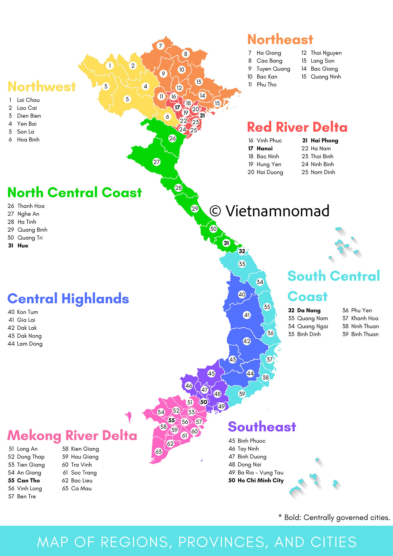 Vietnam map with regions, provinces, and cities