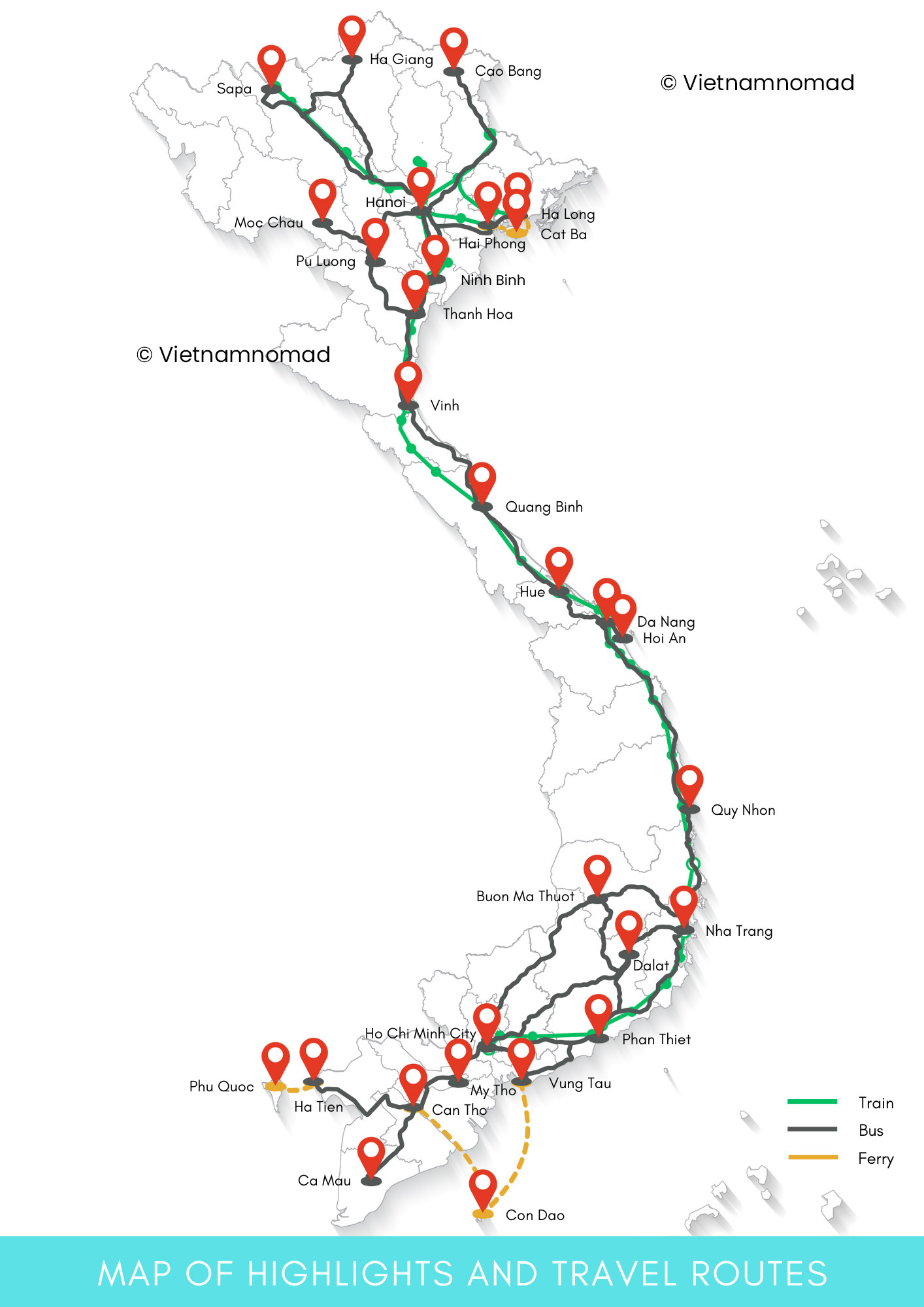 Vietnam map with highlights and travel routes.