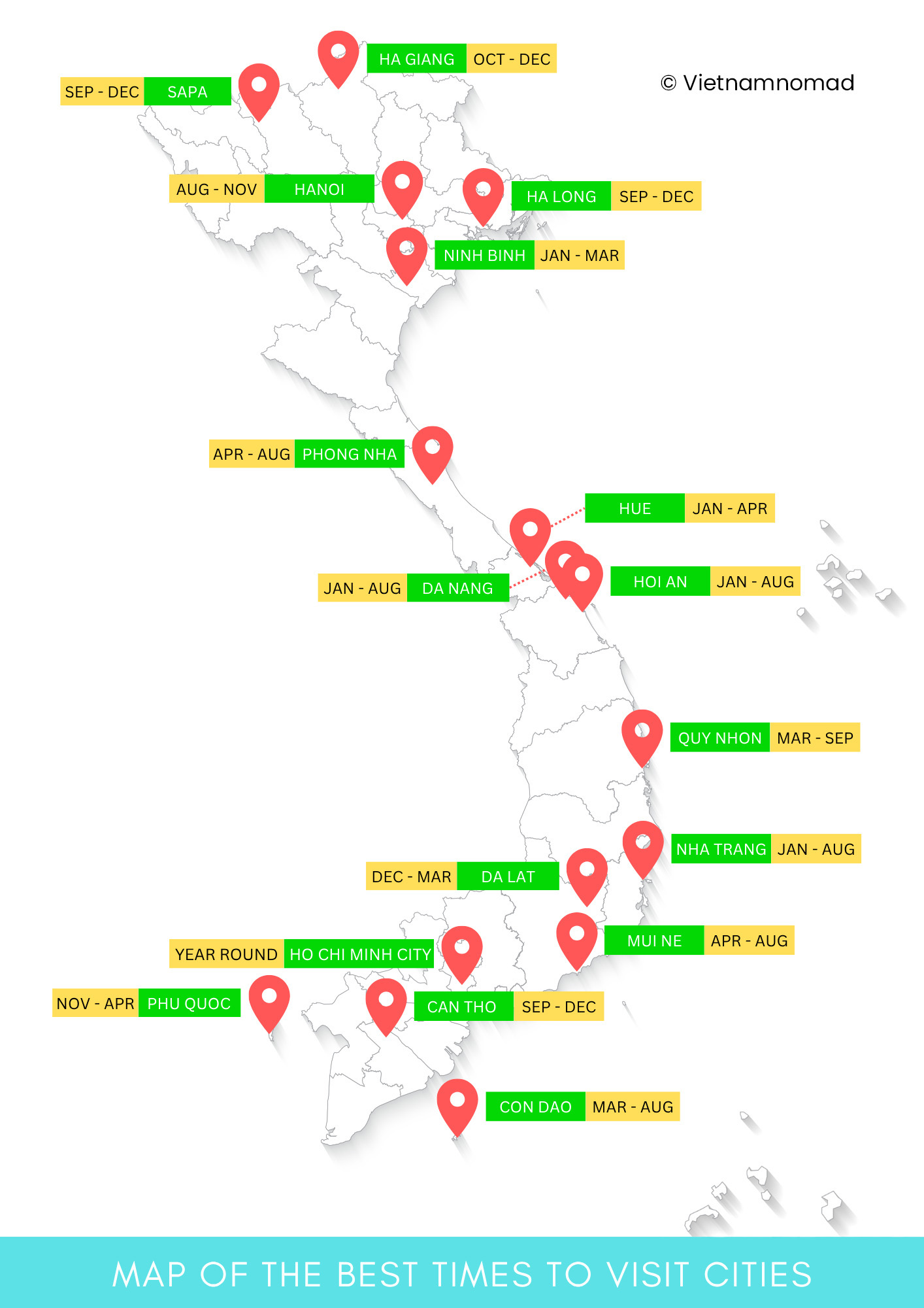 Vietnam map with popular tourist attractions and the best times to visit.