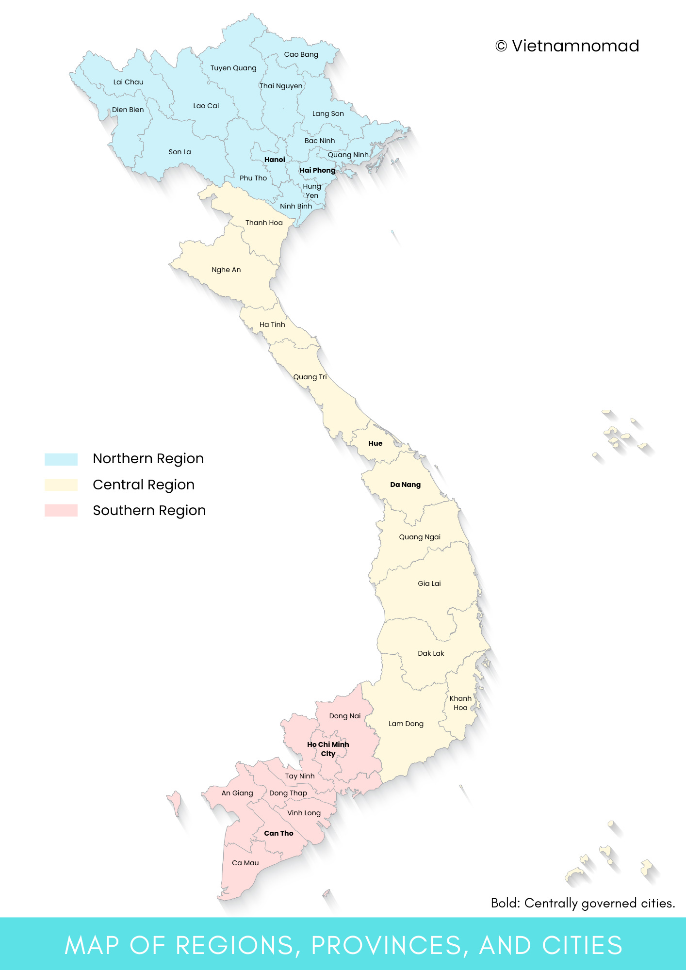 Vietnam map with regions, provinces, and cities.