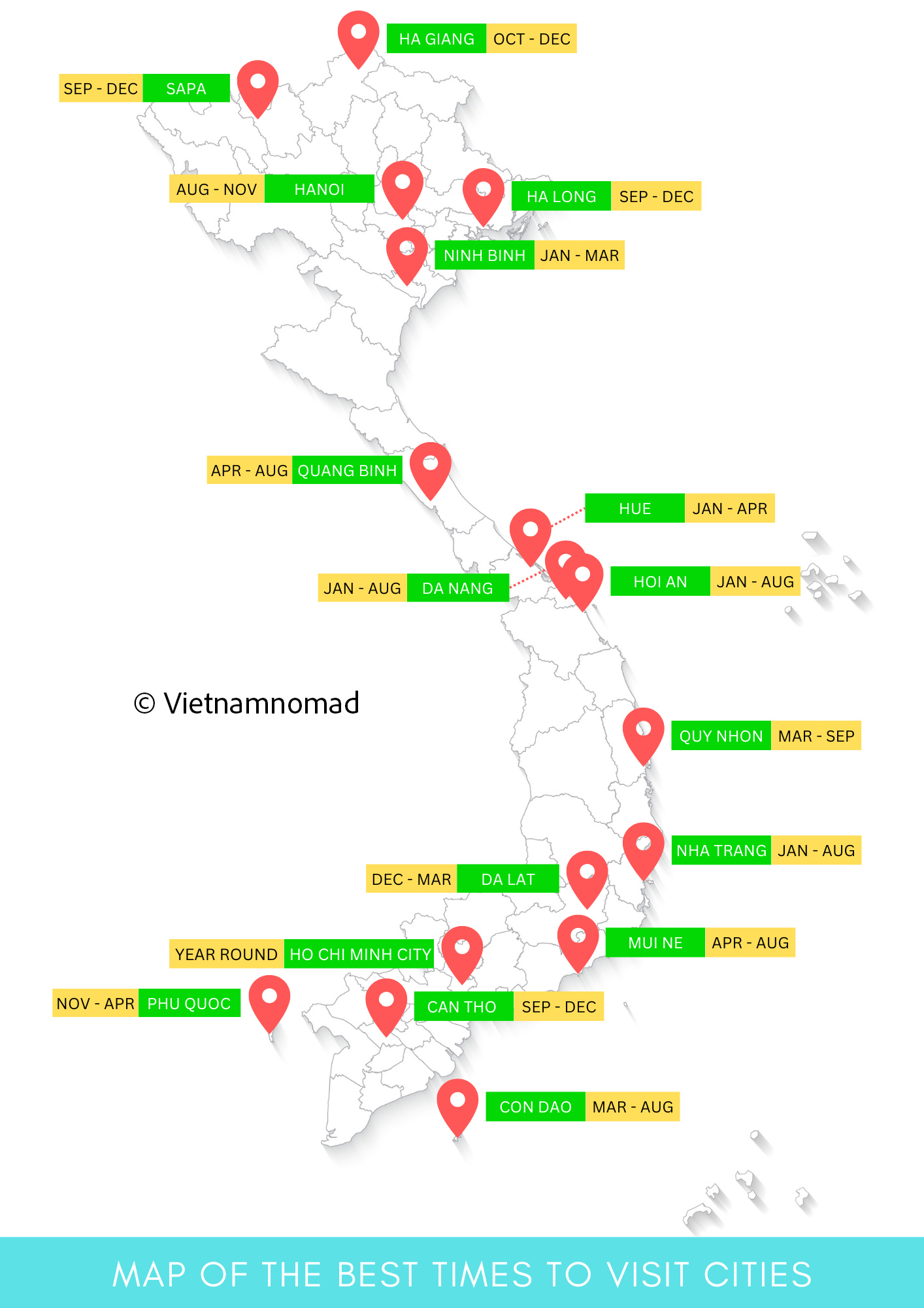 Vietnam map with popular tourist destinations