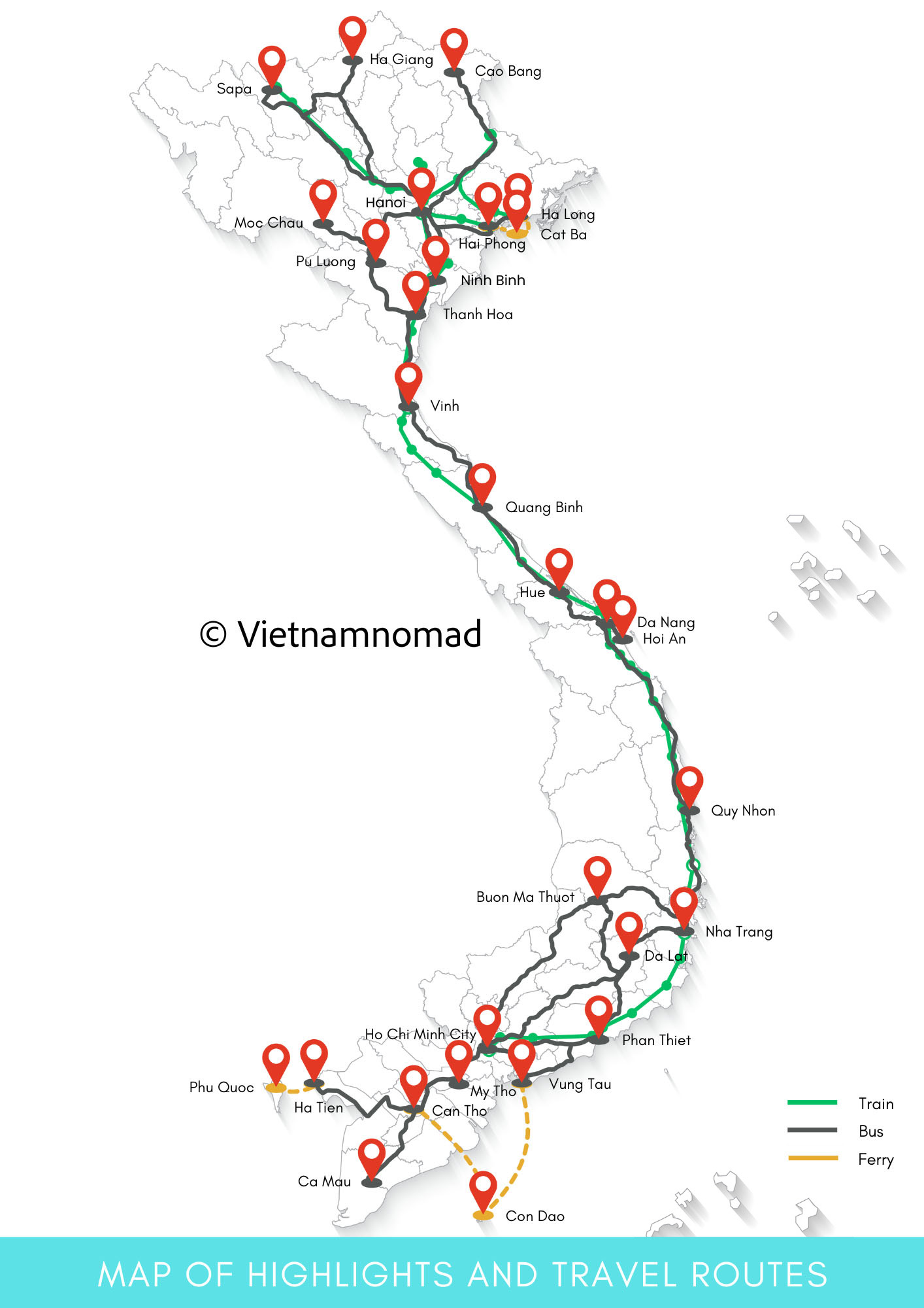 Vietnam map with highlights and travel routes